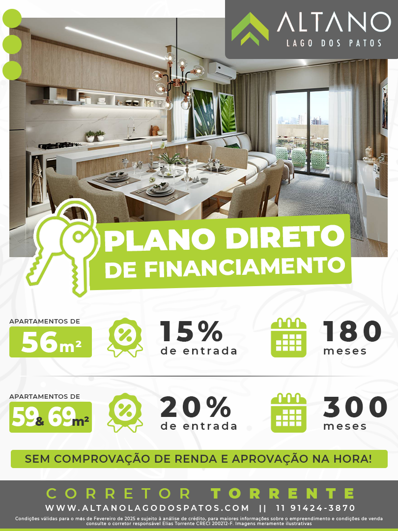 Altano Lago dos Patos lançamento em Guarulhos, é a sua oportunidade de comprar um apartamento de 69, 59, 56 ou 43 m² direto com a construtora com financiamento facilitado